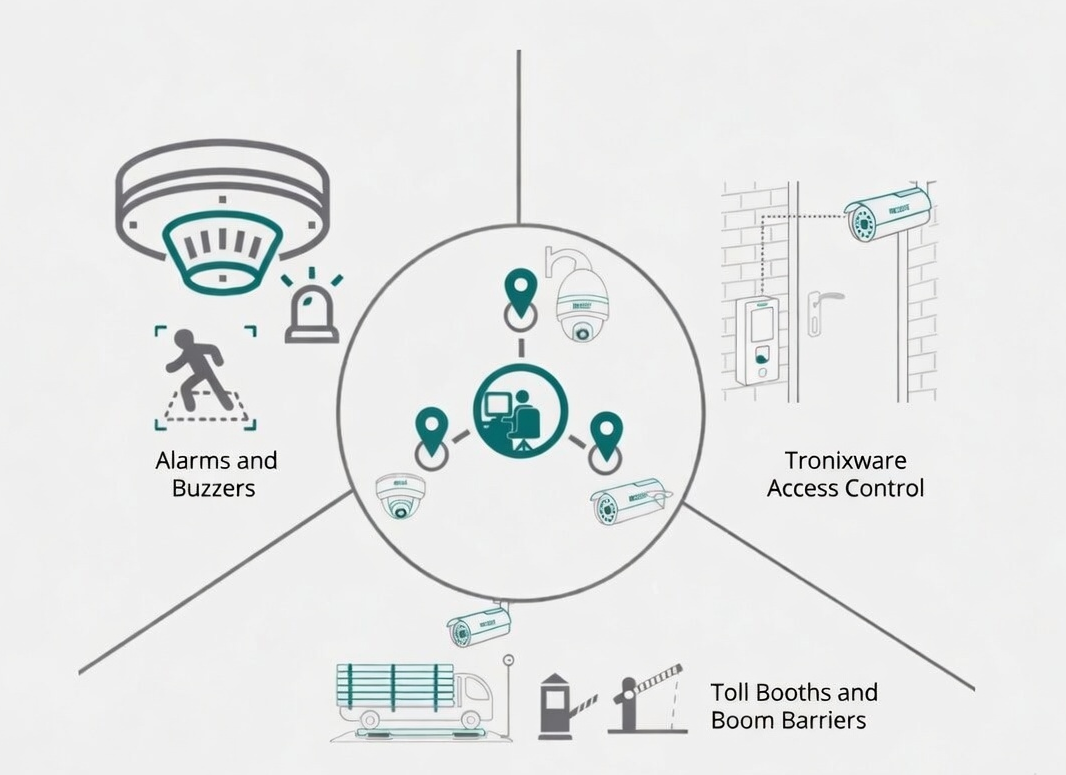 Integrated surveillance solution map with alarms, access control, cameras, and toll barriers